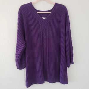 Avenue Sweater Purple V-Neck Ribbed Braided Cable Knit Wide 3/4 Length Sleeve